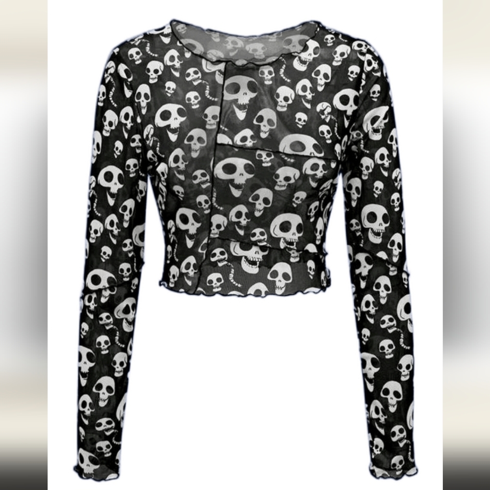 ROMWE Corpse Bride Skull Print Sheer Mesh Crop Top